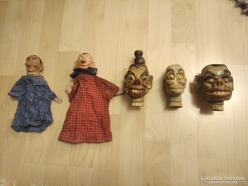 Antique doll collection, 3 wooden, carved, 2 ceramic