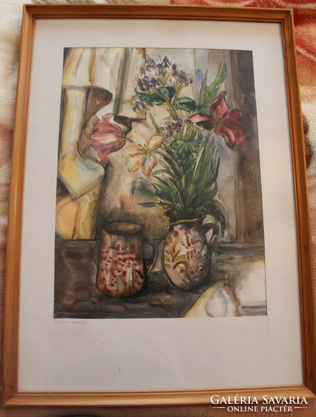Miklós Tóth: still life with tulips (2) watercolor