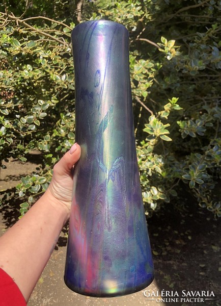 Beautiful, blue, iridescent vase by Márton Horváth, 35.5 cm