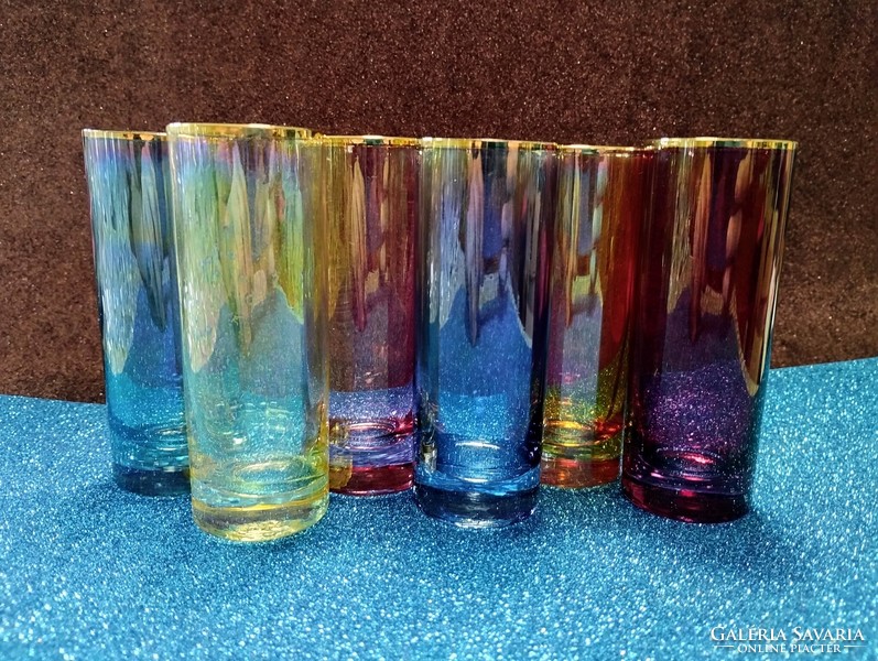 Set of 6 iridescent colored drinking glasses with gold rims