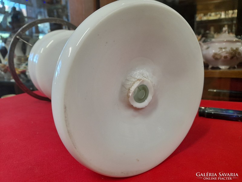 Old large broken, blown milk glass, huta glass retroleum, oil table lamp. 50 Cm.