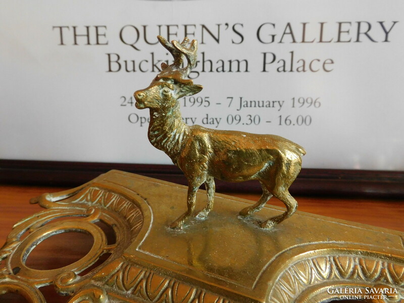 Antique copper desktop inkstand with a deer figure, polished ink bottles