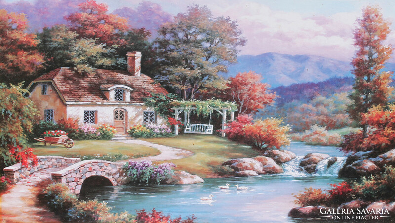 Romantic landscape with house and bridge