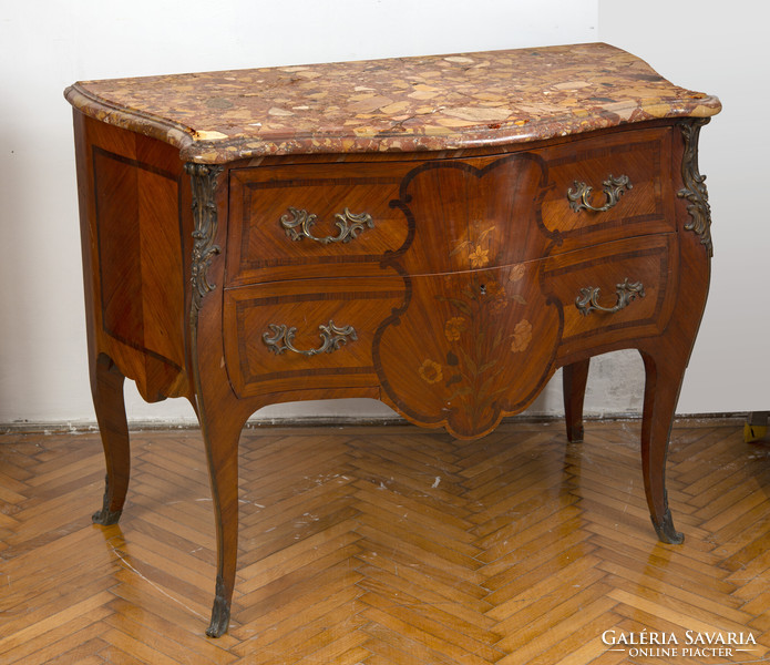 French chest of drawers with marble top - with intarsia decoration