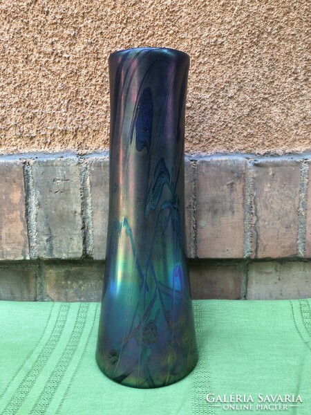 Beautiful, blue, iridescent vase by Márton Horváth, 35.5 cm