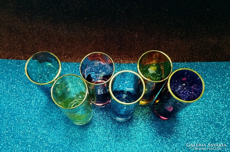 Set of 6 iridescent colored drinking glasses with gold rims