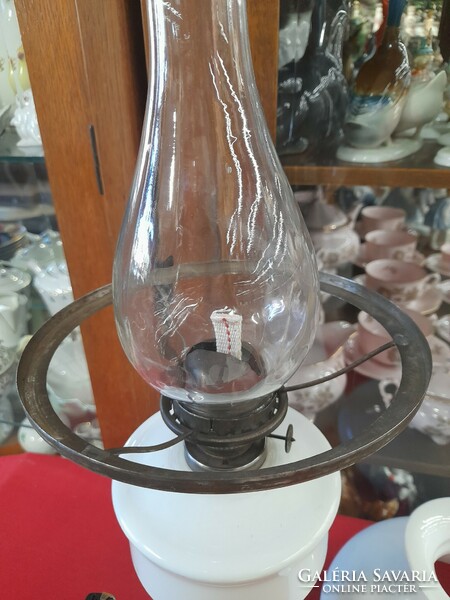 Old large broken, blown milk glass, huta glass retroleum, oil table lamp. 50 Cm.