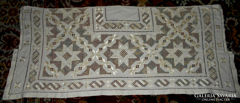 Antique linen-woven commode tablecloth - cut silk thread embroidery 118-110 cm x 48 cm