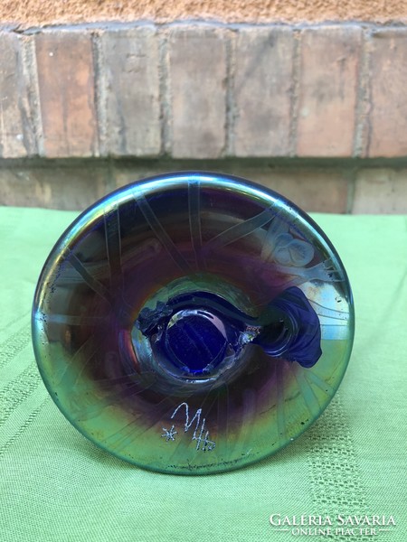 Beautiful, blue, iridescent vase by Márton Horváth, 35.5 cm