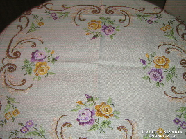 Beautiful vintage rose hand-embroidered cross-stitch tablecloth