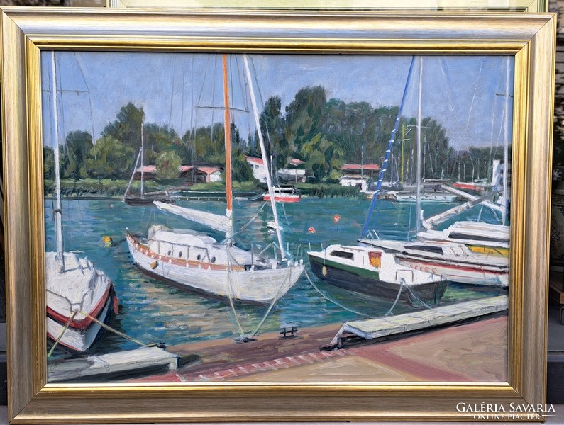 László Orosz (1928-2000): sailing harbor in Füred, Balaton