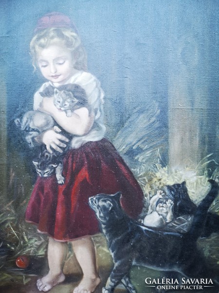 Beautiful kitten painting with a little girl, kittens playing.