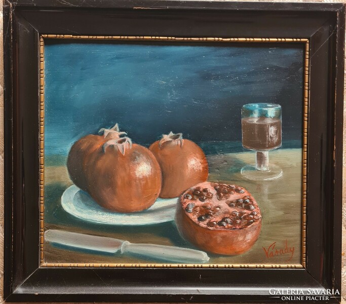 Pomegranate still life - oil painting with Varady mark, circa 1930s