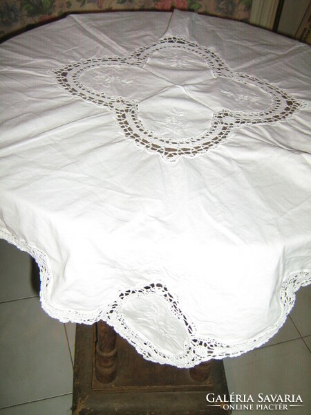 Beautiful antique snow white hand crocheted embroidered tablecloth