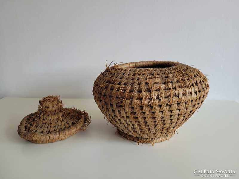 Old large folk wicker mat basket with lid vintage basket 32 cm decoration