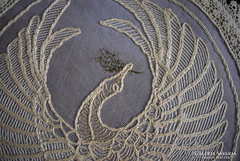 Art-deco embroidered tulle lace tablecloth with dove olive branch 36.5 cm