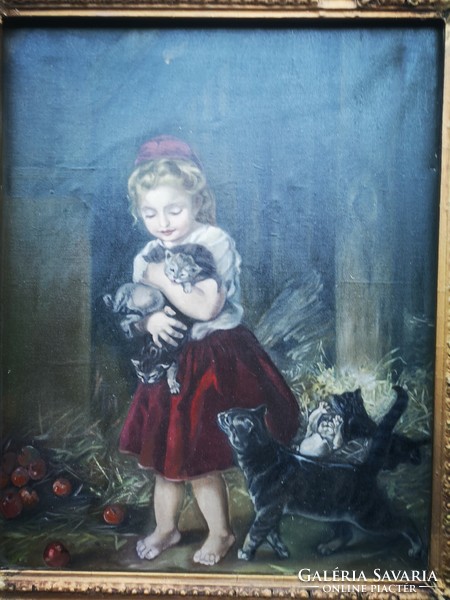 Beautiful kitten painting with a little girl, kittens playing.