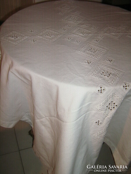 Beautiful azure embroidered woven white needlework tablecloth