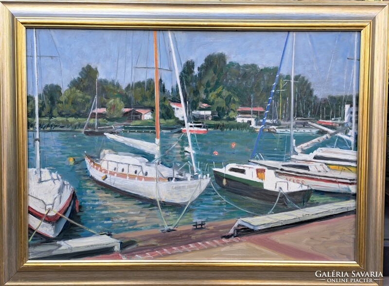 László Orosz (1928-2000): sailing harbor in Füred, Balaton