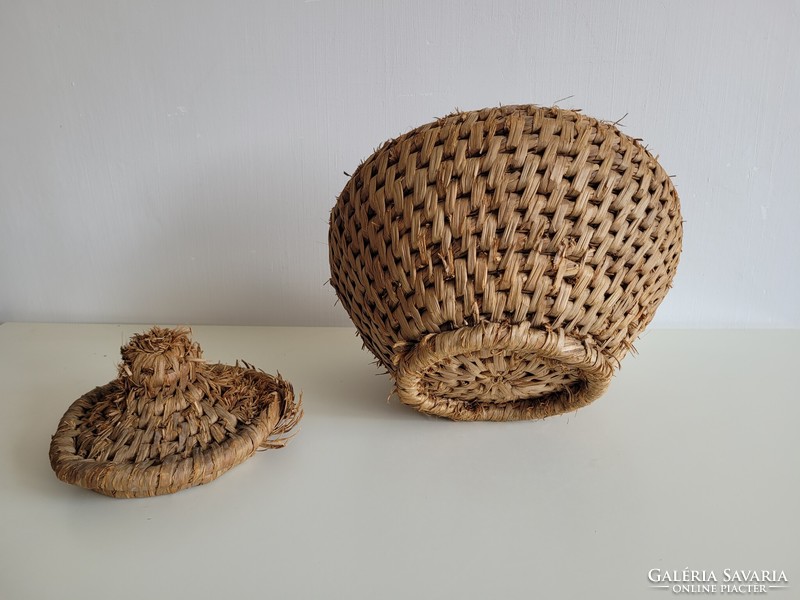 Old large folk wicker mat basket with lid vintage basket 32 cm decoration