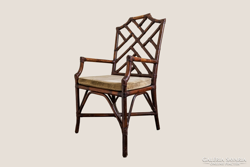Chinese Chippendale bamboo rattan chair with two-drawer table, 1970s