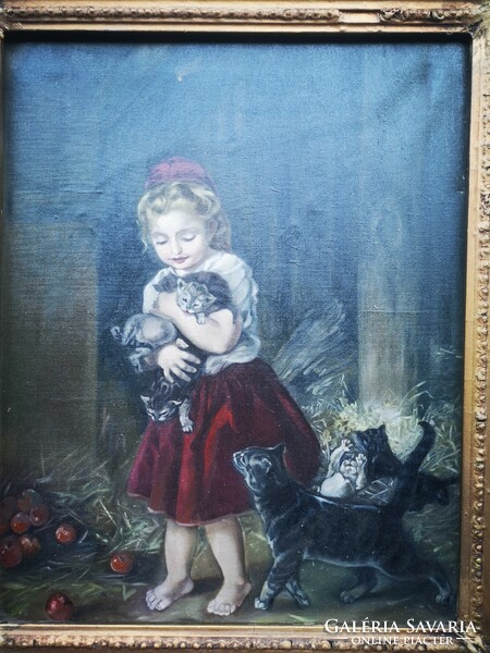 Gyönyörű Cicás festmény kislánnyal, játszadozó cicák.