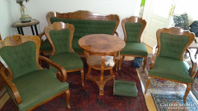 Biedermeier living room set in perfect condition: sofa 2 armchairs 2 armchairs, inlaid round table
