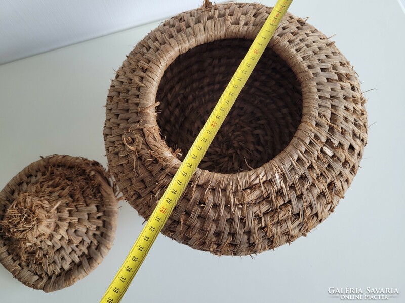 Old large folk wicker mat basket with lid vintage basket 32 cm decoration