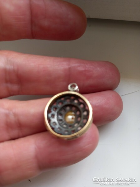 Antique 14k gold 0.28Ct diamond true pearl yellow gold medal pendant