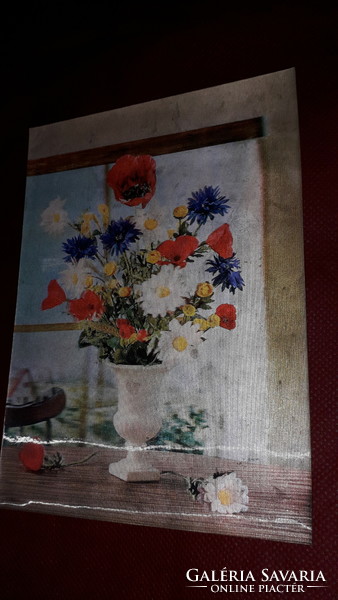 Régi 3D képeslap Virágcsokor a vázában a párkányon a képek szerint