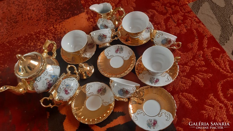 Bareuther Bavaria német porcelán 6 személyes teáskészlet, aranyozott dekorral.