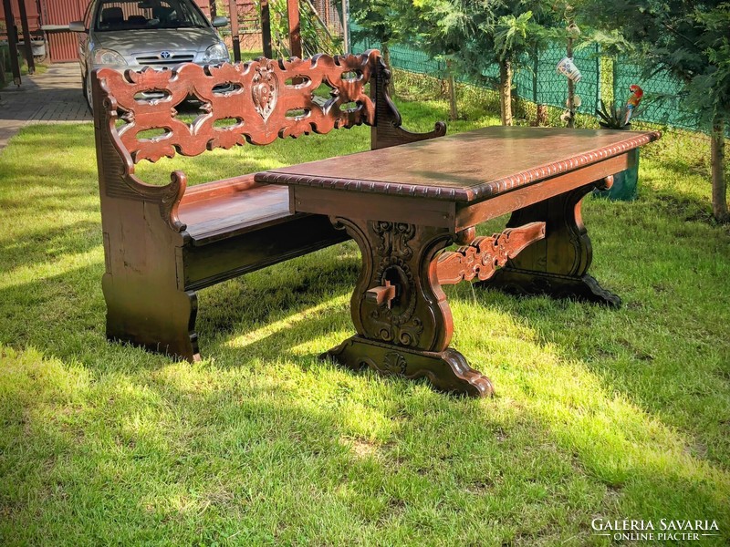 Unique richly carved table with bench for sale