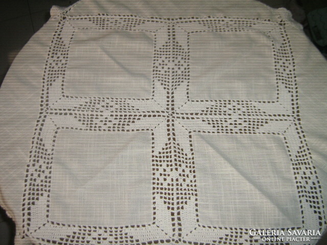 Beautiful butter yellow tablecloth with hand-crocheted edges and inserts