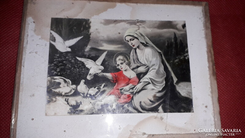 Antique farmhouse small saint image print, Virgin Mary with baby Jesus under glass according to the pictures