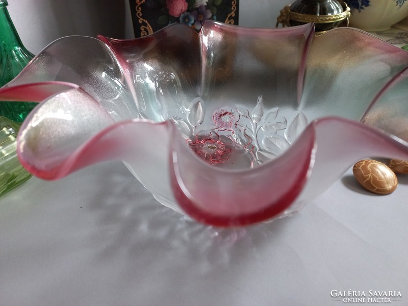 Walther glas pink glass serving bowl, centerpiece, with plastic flowers