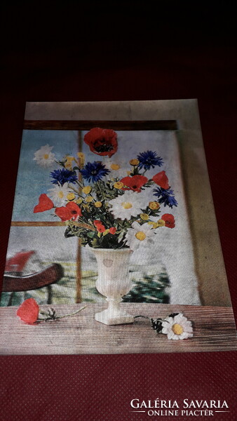 Old 3d postcard bouquet of flowers in the vase on the ledge according to the pictures