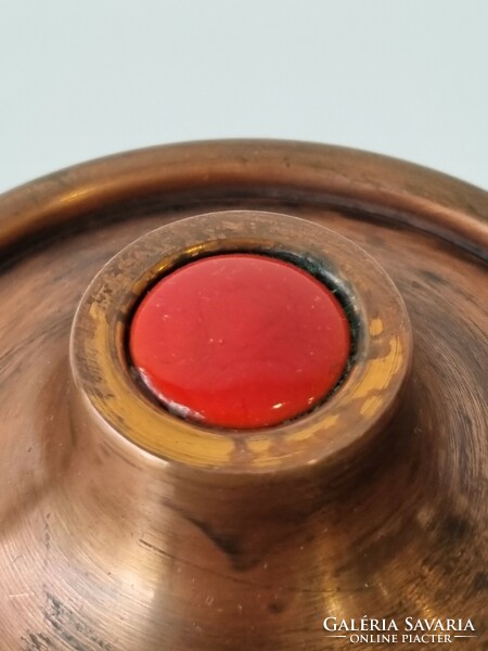 Vintage red copper industrial bonbonnier with fire enamel decoration