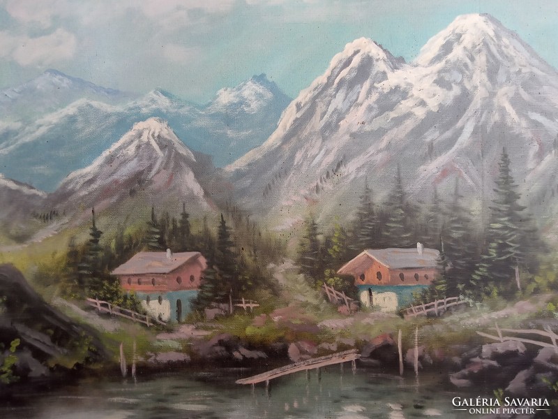 Festmény: havas hegyek, kis házak 50x60 cm