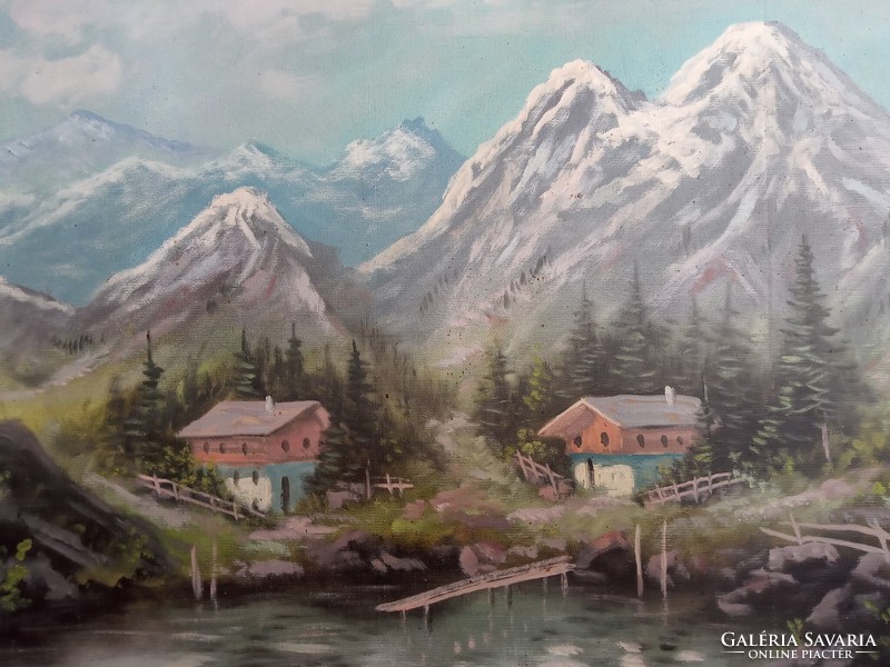 Painting: snowy mountains, small houses 50x60 cm