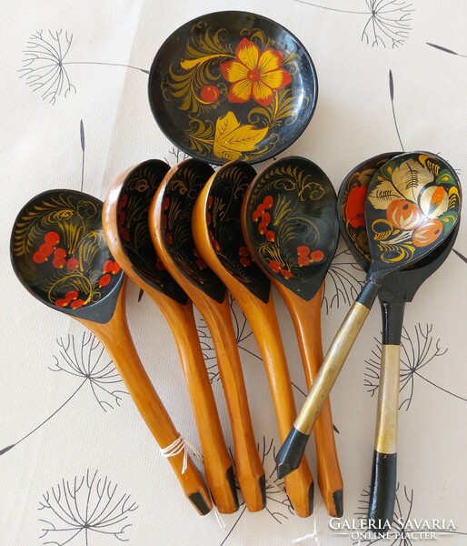 Old Russian folk art painted wooden spoon bowl 8 pcs