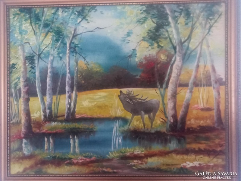 Painting: deer by the lake 77*63 cm with frame