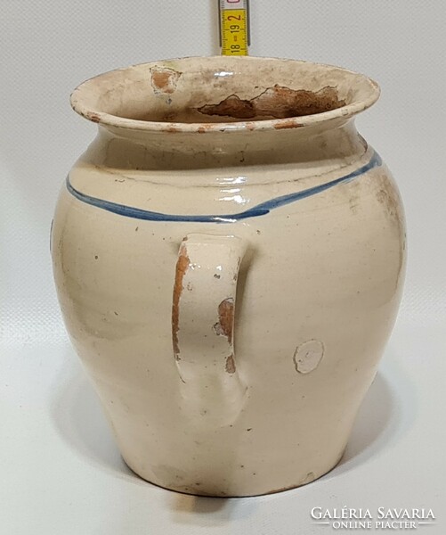 Folk, blue-striped, colorful flower pattern, white-glazed large ceramic mug (2621)