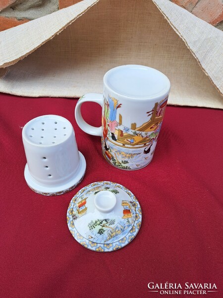 Gyönyörű kínai jelenetes teaszűrős szűrős  bögre teásbögre , Gyűjtői darab