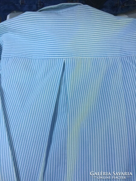 Pretty, white and light blue striped, embroidered women's blouse, size L, for jeans