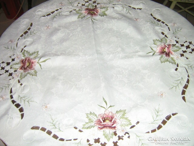 Beautiful vintage cut embroidered tablecloth with a special floral hand crocheted edge