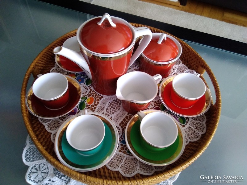 Hollóháza colorful mocha set from the 50s and 60s, for retro lovers!