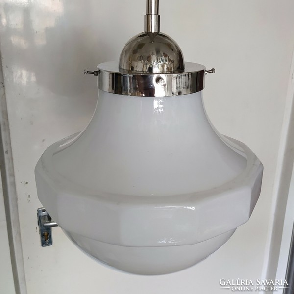 Art deco nickel-plated ceiling lamp renovated - large-sized, rare-shaped milk glass shade