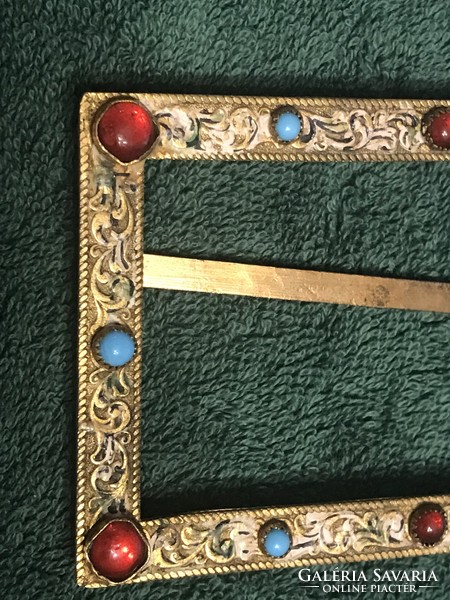 Antique copper table photo holder inlaid with semi-precious stones