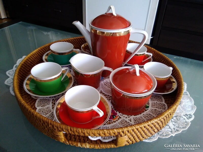 Hollóháza colorful mocha set from the 50s and 60s, for retro lovers!