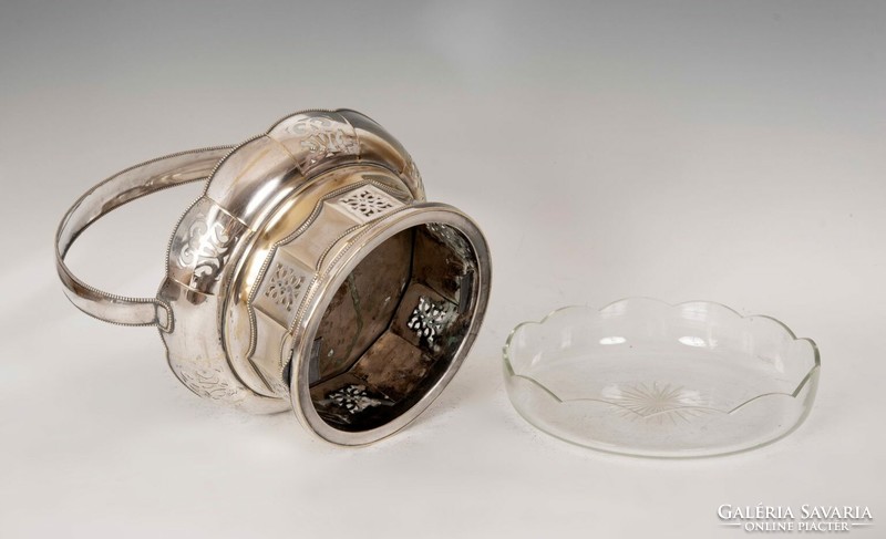 Szecessziós ezüstözött alpakka dísztál eredeti üvegbetéttel